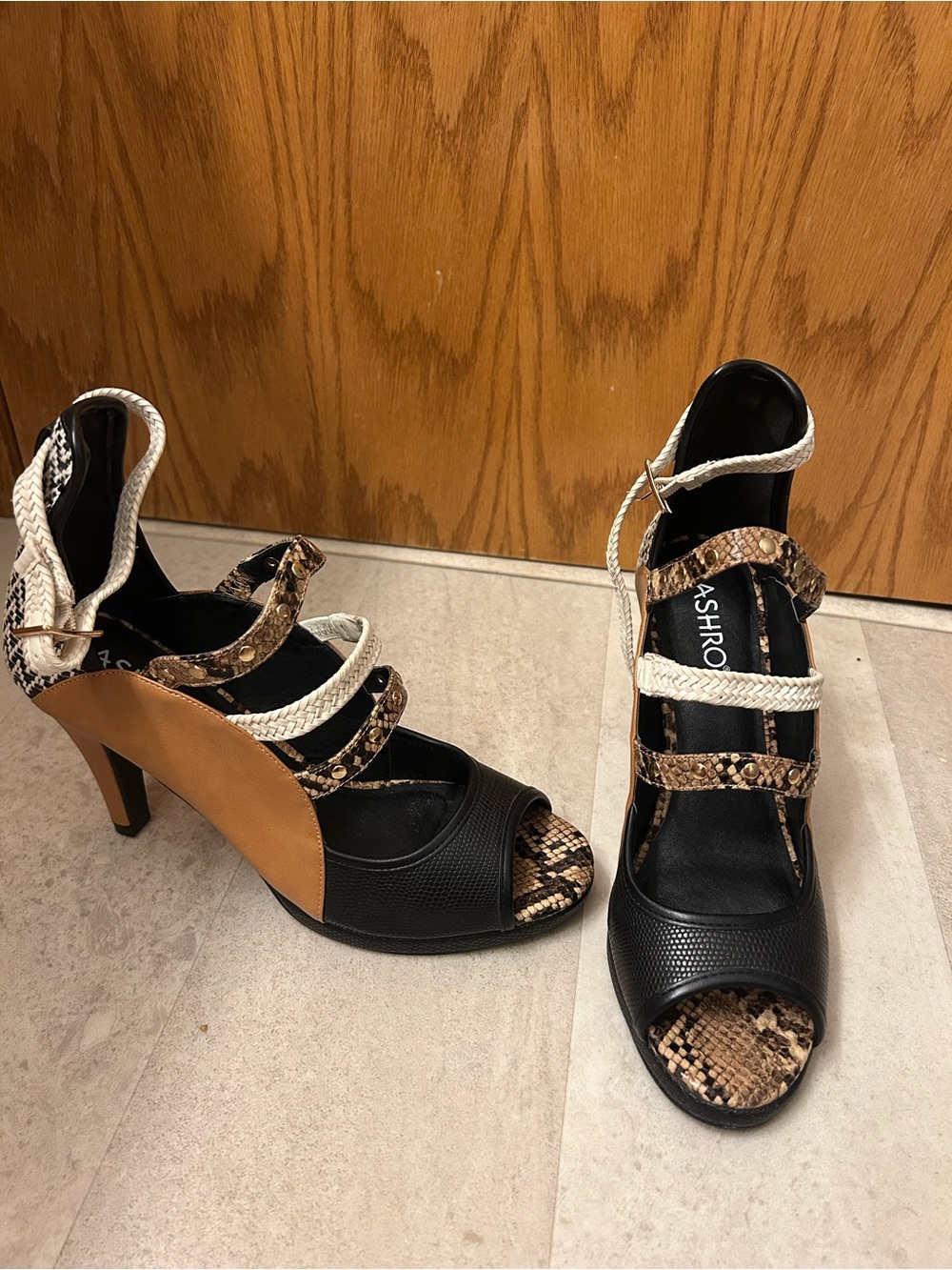 ASHRO Black, Brown and Cream Multi-Texture Strappy High Heel Sandals